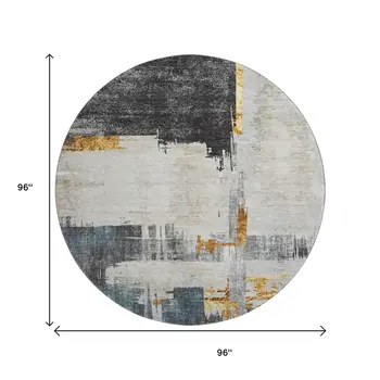 8' Charcoal Ivory And Gold Abstract Washable Round Rug With UV Protection