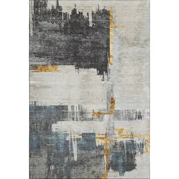 9' X 12' Charcoal Ivory And Gold Abstract Washable Area Rug With UV Protection