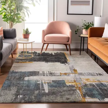 10' X 14' Charcoal Ivory And Gold Abstract Washable Area Rug With UV Protection