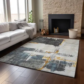 10' X 14' Charcoal Ivory And Gold Abstract Washable Area Rug With UV Protection