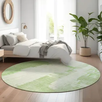 8' Green And Ivory Abstract Washable Round Rug With UV Protection