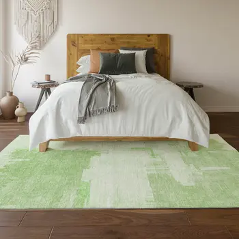 8' X 10' Green And Ivory Abstract Washable Area Rug With UV Protection
