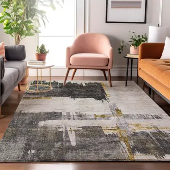5' X 8' Gray Gold And Ivory Abstract Washable Area Rug With UV Protection