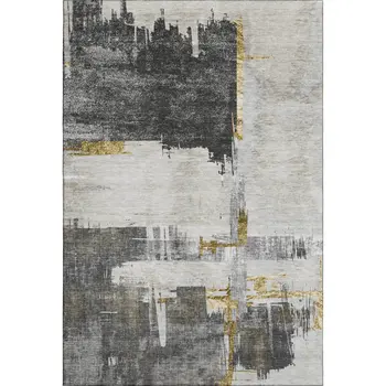 5' X 8' Gray Gold And Ivory Abstract Washable Area Rug With UV Protection