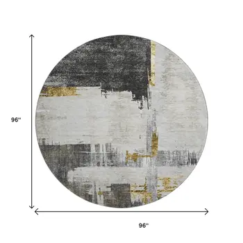 8' Gray Gold And Ivory Abstract Washable Round Rug With UV Protection