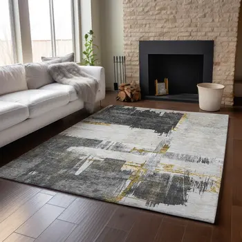 9' X 12' Gray Gold And Ivory Abstract Washable Area Rug With UV Protection