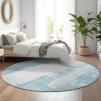 8' Sky Blue And Ivory Abstract Washable Round Rug With UV Protection