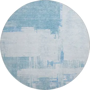 8' Sky Blue And Ivory Abstract Washable Round Rug With UV Protection