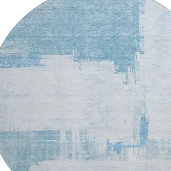 8' Sky Blue And Ivory Abstract Washable Round Rug With UV Protection