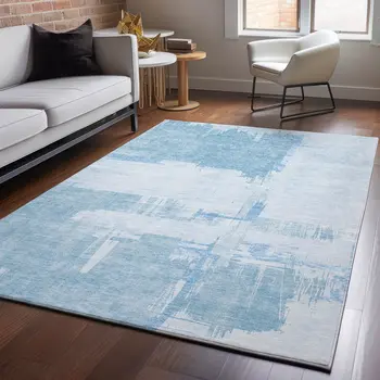 9' X 12' Sky Blue And Ivory Abstract Washable Area Rug With UV Protection
