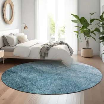 8' Blue And Ivory Ombre Washable Round Rug With UV Protection
