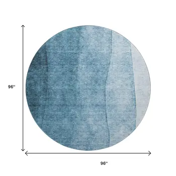 8' Blue And Ivory Ombre Washable Round Rug With UV Protection
