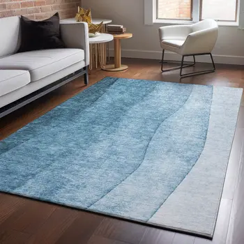 8' X 10' Blue And Ivory Ombre Washable Area Rug With UV Protection
