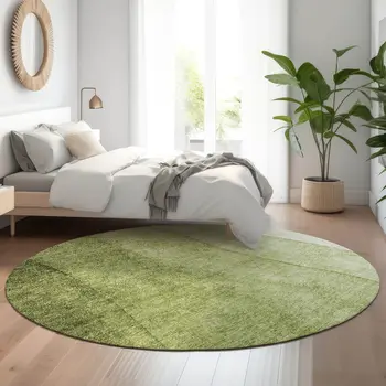 8' Olive Green And Ivory Ombre Washable Round Rug With UV Protection