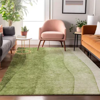 9' X 12' Olive Green And Ivory Ombre Washable Area Rug With UV Protection