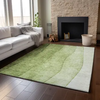 9' X 12' Olive Green And Ivory Ombre Washable Area Rug With UV Protection