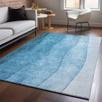 5' X 8' Teal And Ivory Ombre Washable Area Rug With UV Protection
