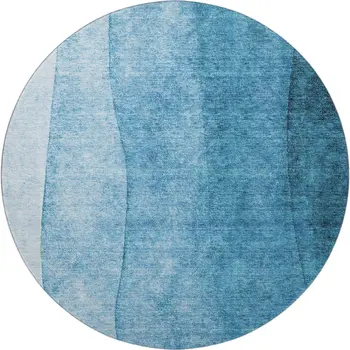 8' Teal And Ivory Ombre Washable Round Rug With UV Protection