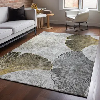 9' X 12' Gray Gold And Ivory Floral Washable Area Rug With UV Protection
