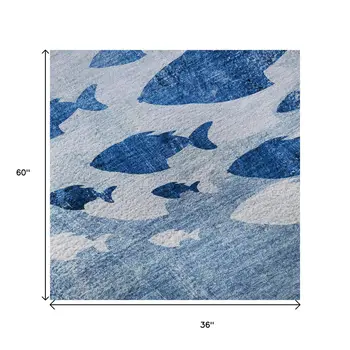 3' X 5' Blue And Ivory Nautical Washable Area Rug With UV Protection
