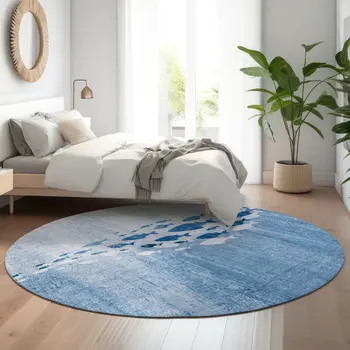 8' Blue And Ivory Nautical Washable Round Rug With UV Protection