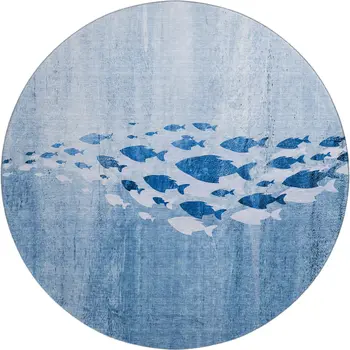 8' Blue And Ivory Nautical Washable Round Rug With UV Protection