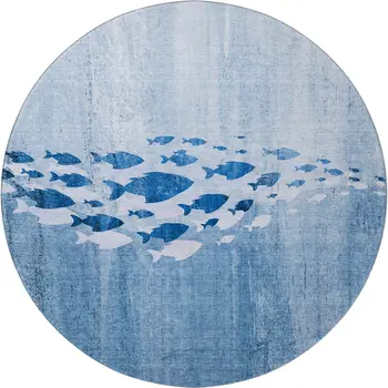 8' Blue And Ivory Nautical Washable Round Rug With UV Protection