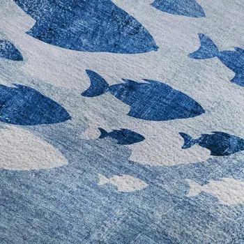10' X 14' Blue And Ivory Nautical Washable Area Rug With UV Protection