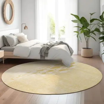 8' Gold And Ivory Nautical Washable Round Rug With UV Protection