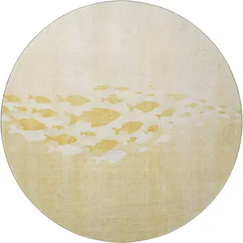 8' Gold And Ivory Nautical Washable Round Rug With UV Protection