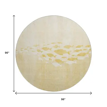 8' Gold And Ivory Nautical Washable Round Rug With UV Protection