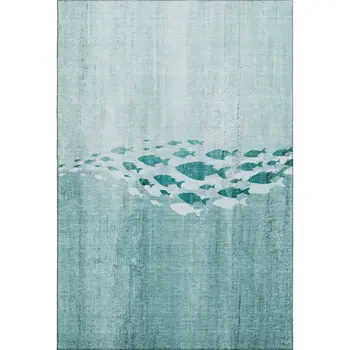 3' X 5' Teal And Ivory Nautical Washable Area Rug With UV Protection
