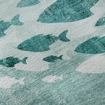 3' X 5' Teal And Ivory Nautical Washable Area Rug With UV Protection