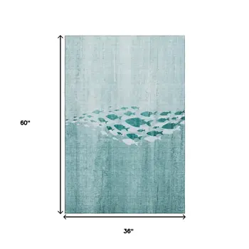 3' X 5' Teal And Ivory Nautical Washable Area Rug With UV Protection