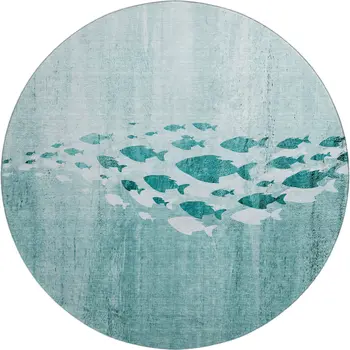 8' Teal And Ivory Nautical Washable Round Rug With UV Protection