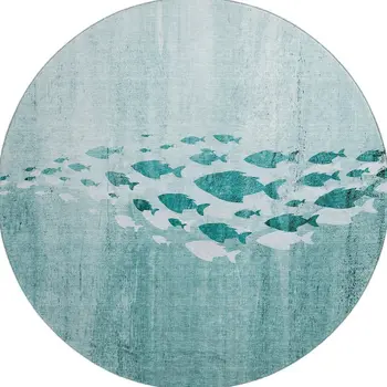 8' Teal And Ivory Nautical Washable Round Rug With UV Protection