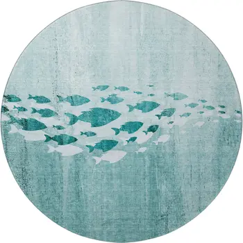 8' Teal And Ivory Nautical Washable Round Rug With UV Protection
