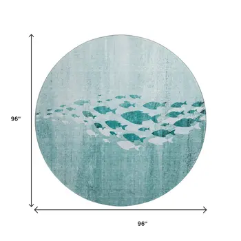 8' Teal And Ivory Nautical Washable Round Rug With UV Protection