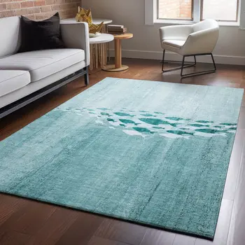 9' X 12' Teal And Ivory Nautical Washable Area Rug With UV Protection