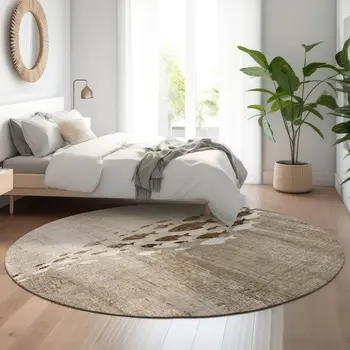 8' Taupe And Ivory Nautical Washable Round Rug With UV Protection