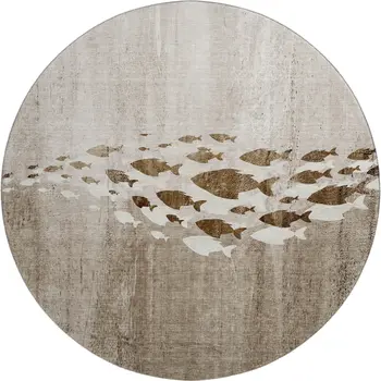 8' Taupe And Ivory Nautical Washable Round Rug With UV Protection