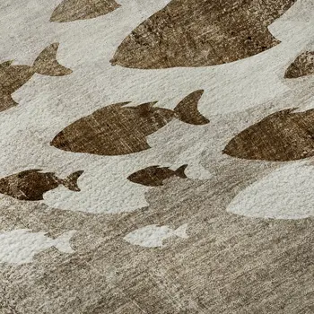 8' Taupe And Ivory Nautical Washable Round Rug With UV Protection