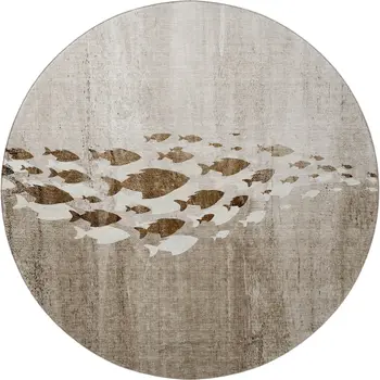 8' Taupe And Ivory Nautical Washable Round Rug With UV Protection