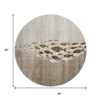 8' Taupe And Ivory Nautical Washable Round Rug With UV Protection