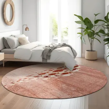 8' Terra Cotta And Ivory Nautical Washable Round Rug With UV Protection