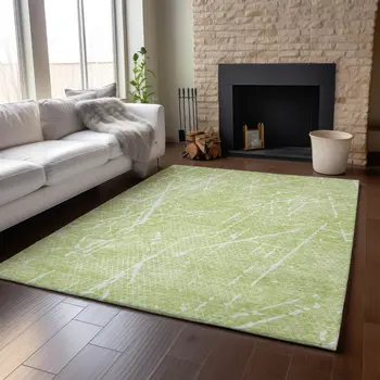 3' X 5' Artichoke Green And Ivory Abstract Washable Area Rug With UV Protection