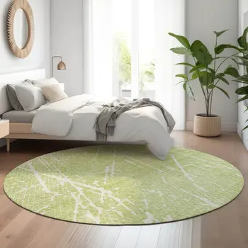 8' Artichoke Green And Ivory Abstract Washable Round Rug With UV Protection