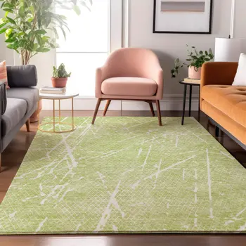 10' X 14' Artichoke Green And Ivory Abstract Washable Area Rug With UV Protection