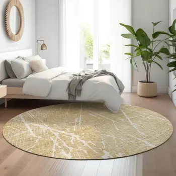8' Beige And Ivory Abstract Washable Round Rug With UV Protection