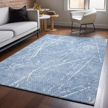 5' X 8' Blue And Ivory Abstract Washable Area Rug With UV Protection